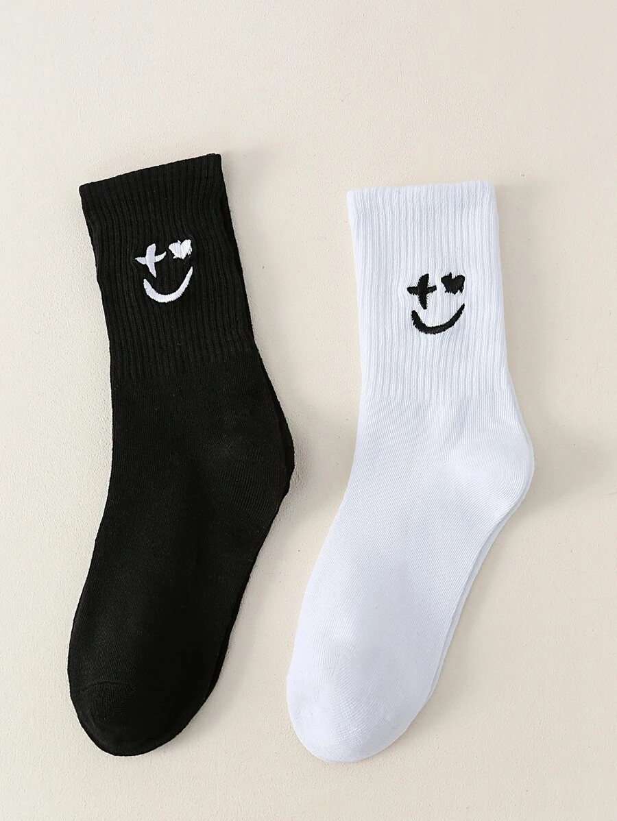 2pairs Cute Expression Embroidered Crew Socks, Fall Socks - Black and White - View 1