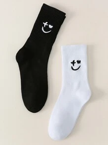 2pairs Cute Expression Embroidered Crew Socks, Fall Socks - Black and White - View 2