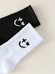2pairs Cute Expression Embroidered Crew Socks, Fall Socks - Black and White - View 4