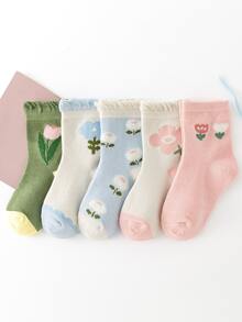 Niñas 5 pares Calcetines de tripulación con patrón floral - Multicolor - Ver 2