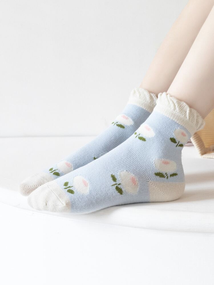 5雙小女童花卉圖案中筒襪 - 彩色 - 查看 3