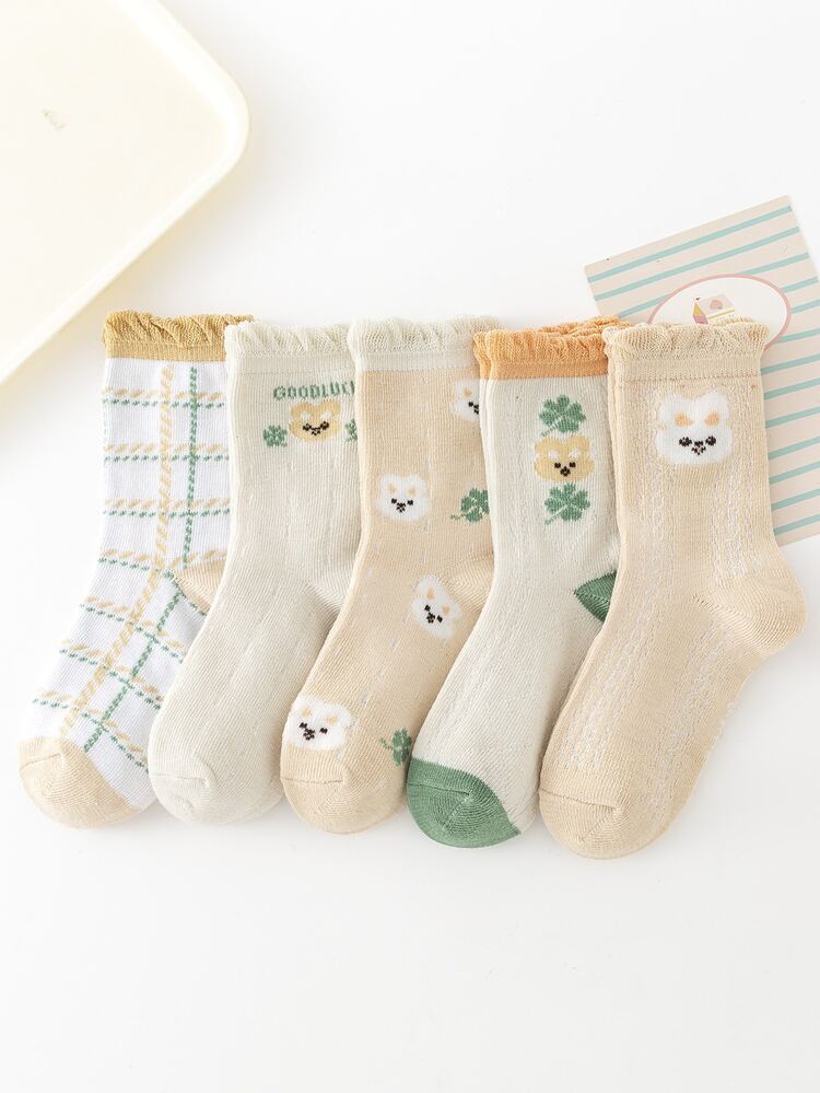5pairs Toddler Girls Plaid & Floral Pattern Crew Socks - Multicolor - View 2