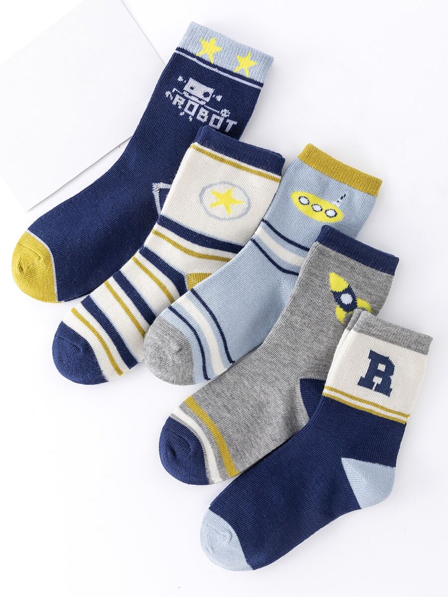 5pairs Toddler Boys Striped & Star Pattern Crew Socks - Multicolor - View 1