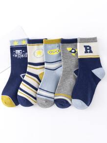 5pairs Toddler Boys Striped & Star Pattern Crew Socks - Multicolor - View 2
