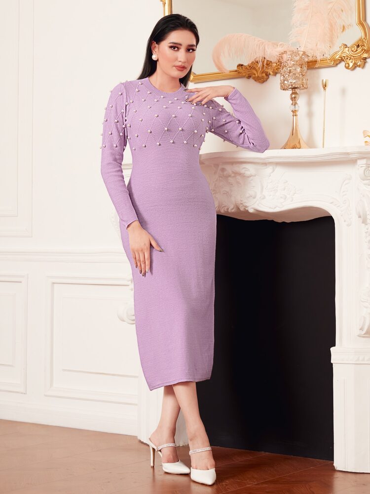 Modelyn Vestido de punto con cuenta de perla - Lila Púrpura - Añade 5