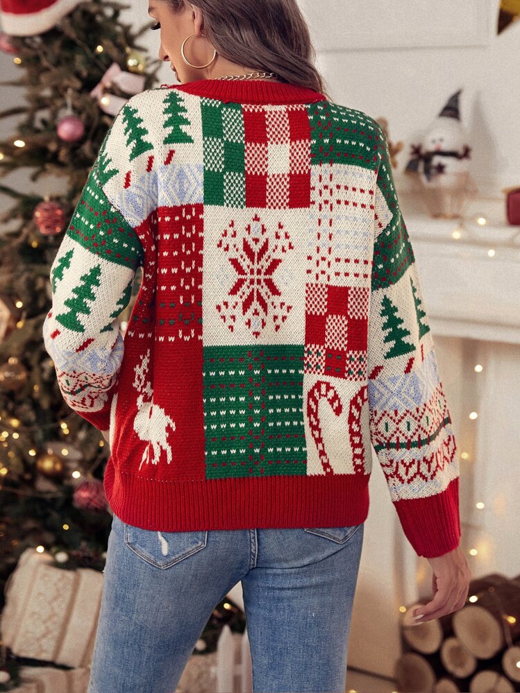 SHEIN LUNE Christmas Pattern Drop Shoulder Jumper - Multicolor - View 2