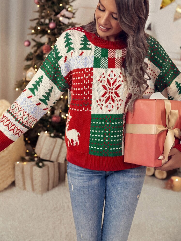 SHEIN LUNE Christmas Pattern Drop Shoulder Jumper - Multicolor - View 5