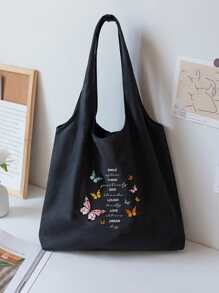 Bolsa de compras con estampado de mariposa y letra - Negro - Ver 5