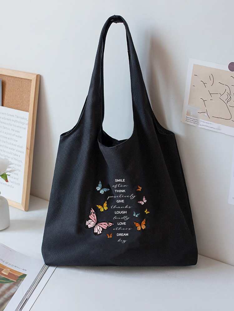 Bolsa de compras con estampado de mariposa y letra - Negro - Añade 5
