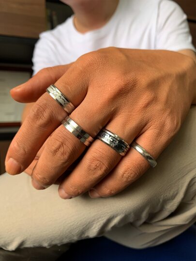 Fashionable And Popular 4pcs Men Heartbeat Detail Ring Stainless Steel For Jewelry Gift And For A Stylish Look Valentines,Mom,Mother,Mother's Day,Gift