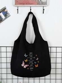 Bolsa de compras con estampado de mariposa y letra - Negro - Ver 6