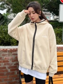 DAZY Letter Embroidery Zip Up Drop Shoulder Hooded Fleece Jacket - Apricot - View 1