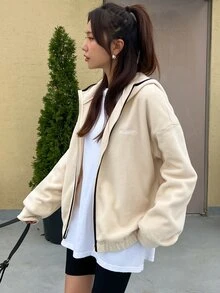 DAZY Letter Embroidery Zip Up Drop Shoulder Hooded Fleece Jacket - Apricot - View 2