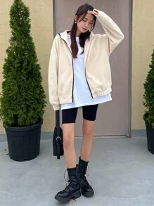 DAZY Letter Embroidery Zip Up Drop Shoulder Hooded Fleece Jacket - Apricot - View 5