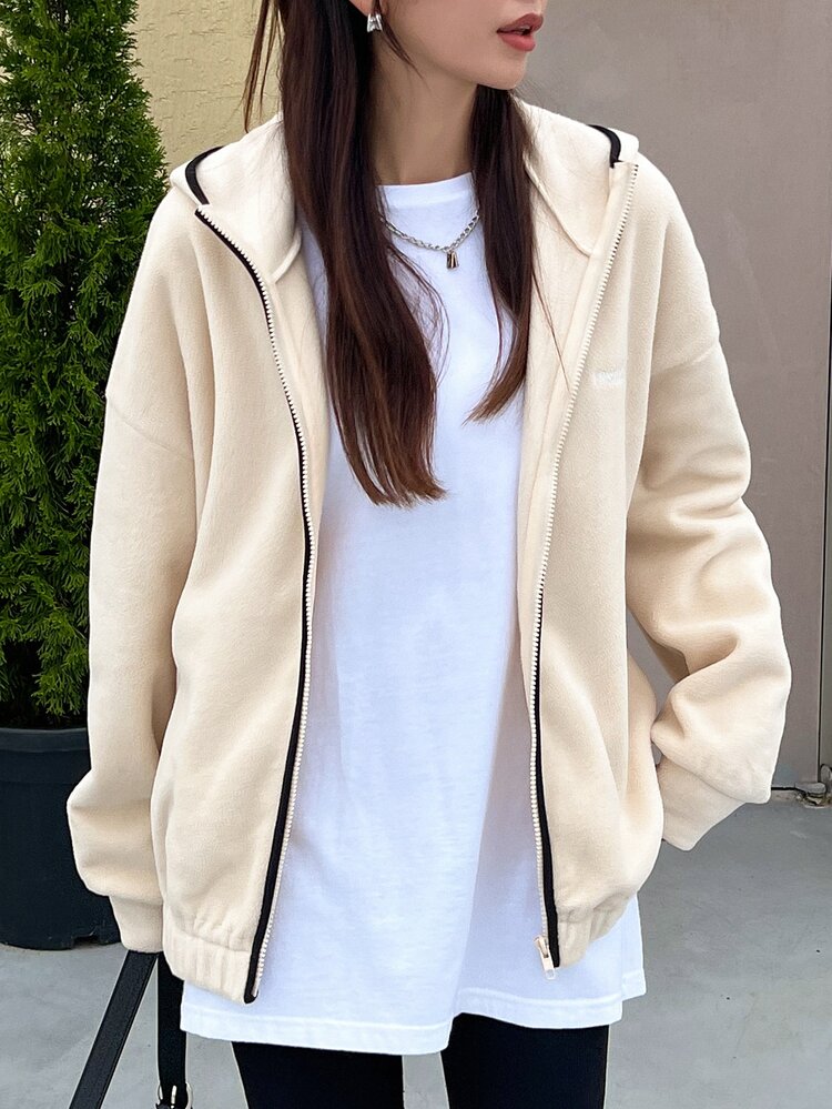 DAZY Letter Embroidery Zip Up Drop Shoulder Hooded Fleece Jacket - Apricot - View 4