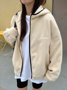 DAZY Letter Embroidery Zip Up Drop Shoulder Hooded Fleece Jacket - Apricot - View 6