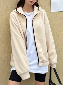 DAZY Letter Embroidery Zip Up Drop Shoulder Hooded Fleece Jacket - Apricot - View 8