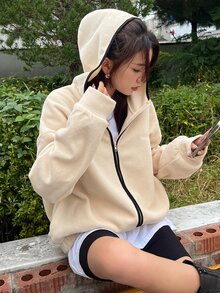 DAZY Letter Embroidery Zip Up Drop Shoulder Hooded Fleece Jacket - Apricot - View 7