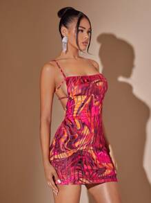 SHEIN BAE Marble Print O-ring Backless Bodycon Dress - Multicolor - View 1