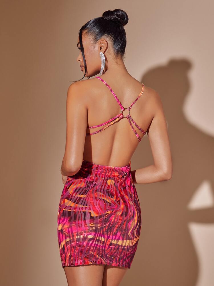 SHEIN BAE 大理石圖案金屬圓環露背緊身連衣裙 - 彩色 - 查看 2