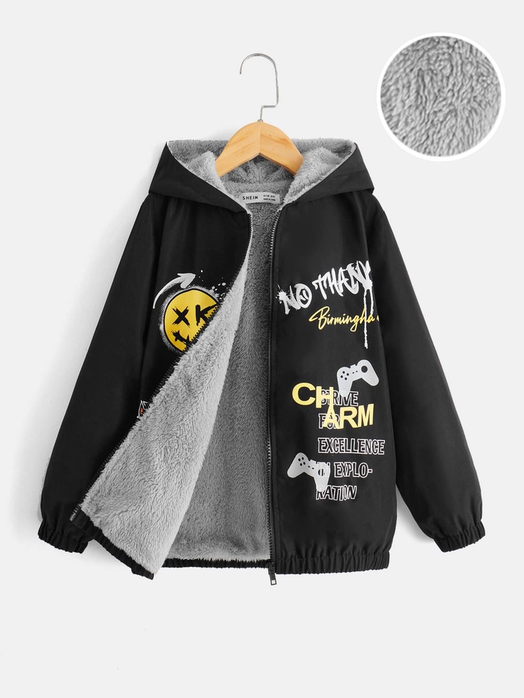 SHEIN Boys Letter & Cartoon Graphic Hooded Jacket - Black - View 2