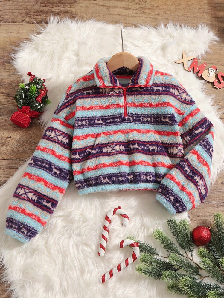 SHEIN Girls Christmas Pattern Drop Shoulder Half Zipper Flannel Pullover,In Fall/Winter - Multicolor - View 1