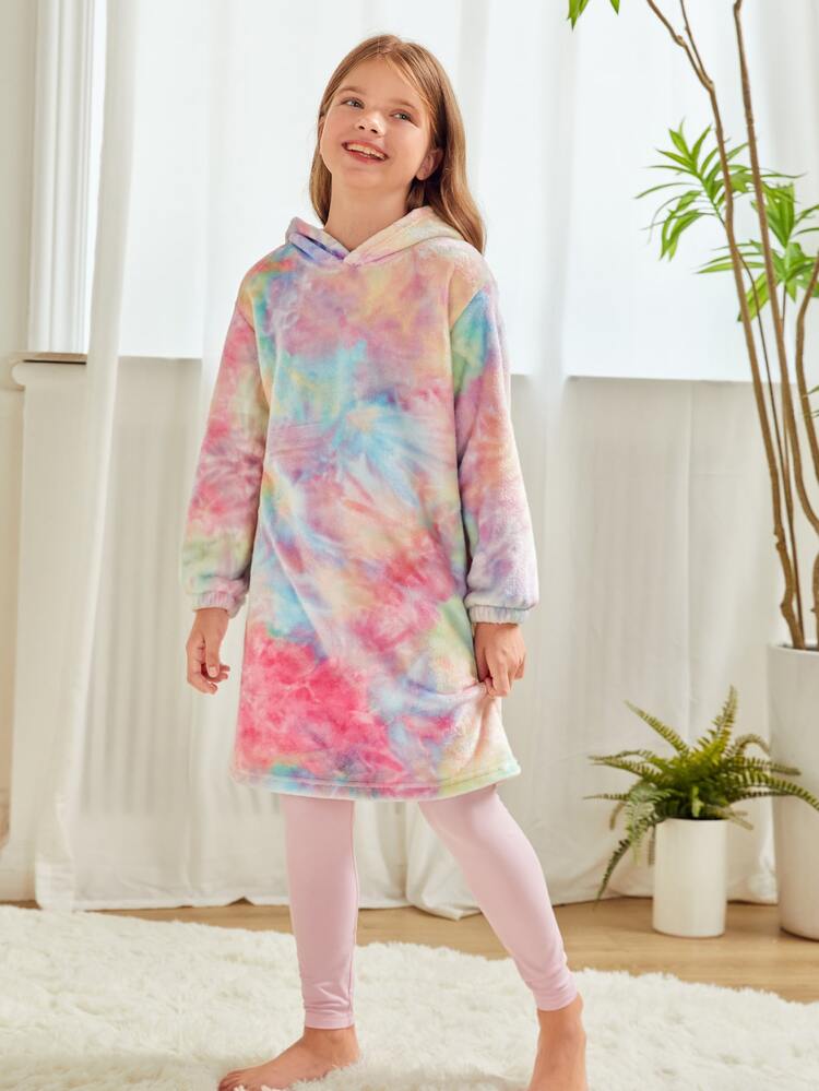 Girls Tie Dye Hooded Flannel PJ Set - Multicolor - View 1