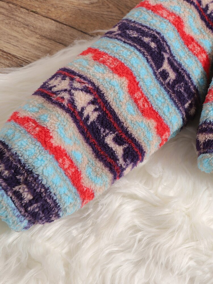 SHEIN Girls Christmas Pattern Drop Shoulder Half Zipper Flannel Pullover,In Fall/Winter - Multicolor - View 3