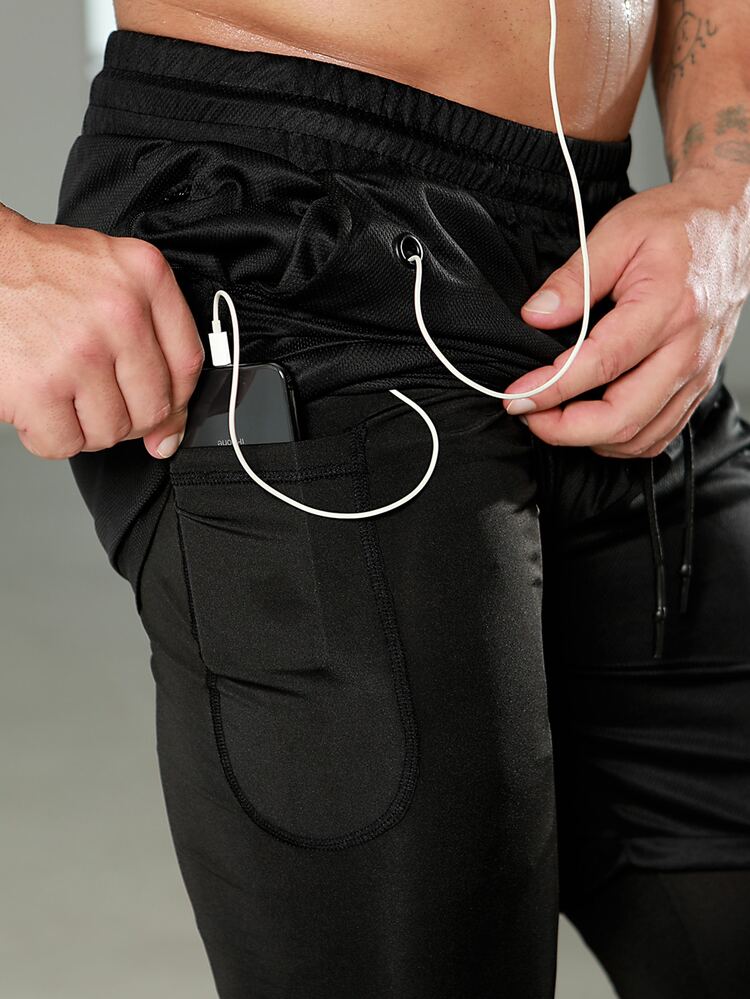 Manfinity Fitness Boyfriend Style Men Drawstring Waist Sports Pants With Phone Pocket - Black - View 3