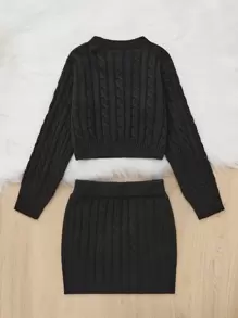 SHEIN Girls Cable Knit Drop Shoulder Jumper & Knit Skirt - Black - View 2