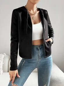 SHEIN EZwear Zip Up Drawstring Hooded Jacket - Black - View 3