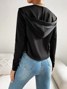 SHEIN EZwear Zip Up Drawstring Hooded Jacket - Black - View 2