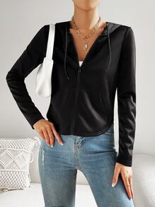 SHEIN EZwear Zip Up Drawstring Hooded Jacket - Black - View 5