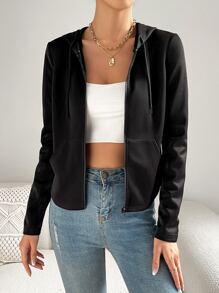 SHEIN EZwear Zip Up Drawstring Hooded Jacket - Black - View 4