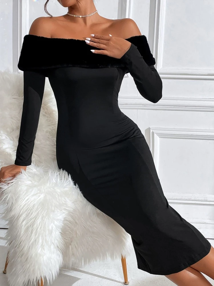 SHEIN BAE Fold Over Off Shoulder Split Back Bodycon Dress