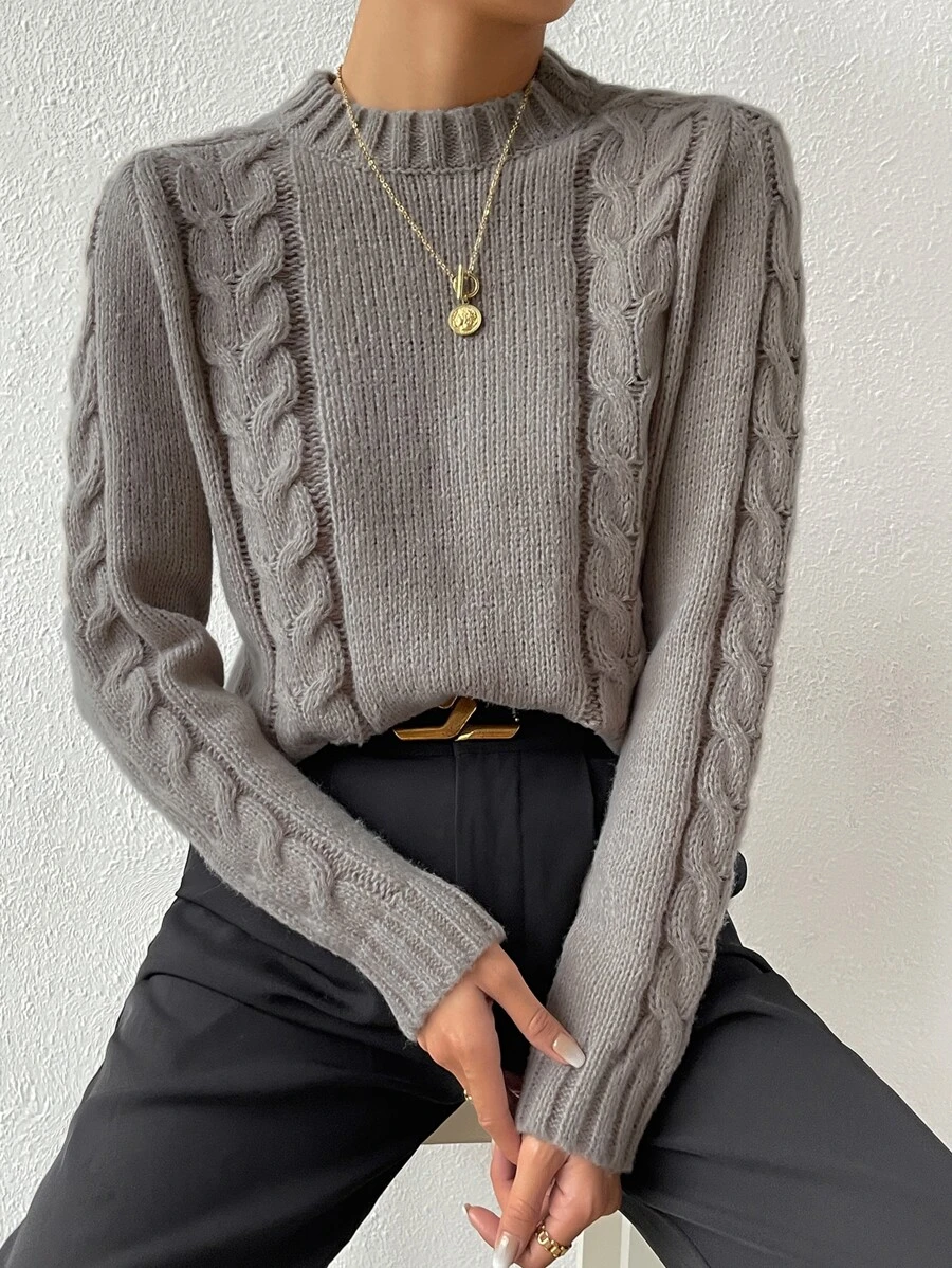 SHEIN Essnce Jersey tejido de cable de cuello alto - Gris - Ver 1