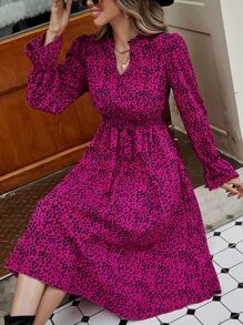 SHEIN Frenchy Dalmatian Print Flounce Sleeve Dress Christmas Winter New Year - Hot Pink - View 1