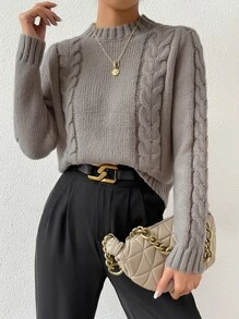 SHEIN Essnce Jersey tejido de cable de cuello alto - Gris - Ver 4