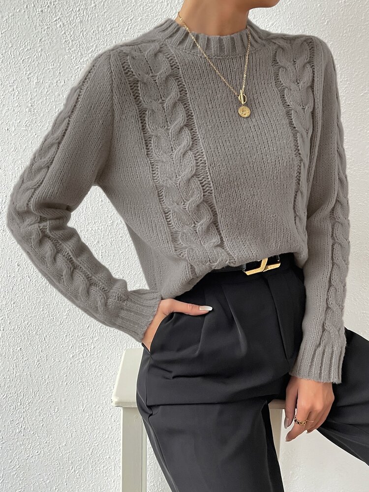 SHEIN Essnce 麻花編織小高領套頭毛衣 - 灰色 - 查看 5