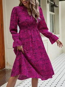 SHEIN Frenchy Dalmatian Print Flounce Sleeve Dress Christmas Winter New Year - Hot Pink - View 3