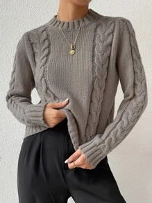 SHEIN Essnce Jersey tejido de cable de cuello alto - Gris - Ver 6