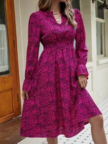 SHEIN Frenchy Dalmatian Print Flounce Sleeve Dress Christmas Winter New Year - Hot Pink - View 4