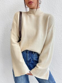 SHEIN Essnce Jersey de cuello cisne de hombros caídos - Beis - Ver 4