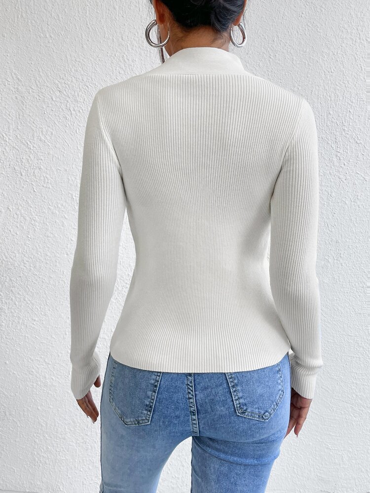 SHEIN Privé Áo len nữ Chia xoắn lại Gân đan màu trơn Thanh lịch - trắng - Xem 2