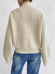 SHEIN Essnce Jersey de cuello cisne de hombros caídos - Beis - Ver 2