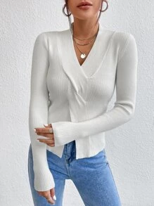 SHEIN Privé Áo len nữ Chia xoắn lại Gân đan màu trơn Thanh lịch - trắng - Xem 4