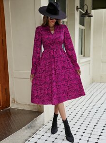 SHEIN Frenchy Dalmatian Print Flounce Sleeve Dress Christmas Winter New Year - Hot Pink - View 6