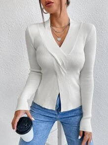 SHEIN Privé Áo len nữ Chia xoắn lại Gân đan màu trơn Thanh lịch - trắng - Xem 1