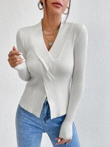SHEIN Privé Áo len nữ Chia xoắn lại Gân đan màu trơn Thanh lịch - trắng - Xem 5