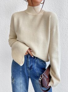 SHEIN Essnce Jersey de cuello cisne de hombros caídos - Beis - Ver 1